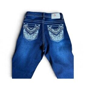 R3bel Jeans Women's Denim Blue Rhinstone Bootcut Fit Stretch Jeans Size 7/26